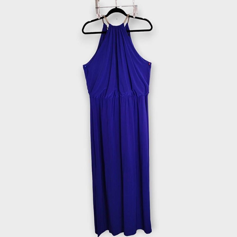 Royal Blue Halter Maxi Dress Gold Chain Neck Detail Elastic Waist Side Slit